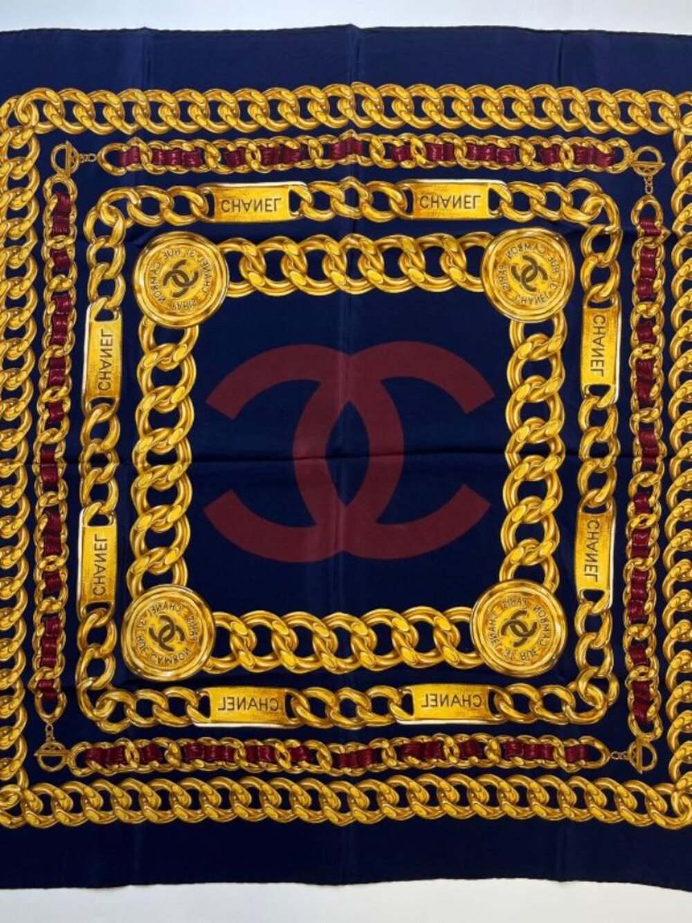 Chanel CC Logo Scarf Silk Gold Navy Vintage - Picture 6 of 11